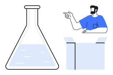 Adam açık bir kutunun yanına yerleştirilmiş sıvı dolu bir şişeyi işaret ediyor. Yenilik, bilim, yaratıcılık, keşif, yeni fikirler, araştırma ve deney kavramları için idealdir. Mavi ve beyaz