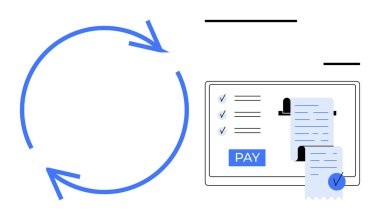 Dairesel oklar dijital ekranın yanında tekrarlanan bir işlemi gösteriyor kontrol listesi ve makbuzlu online ödeme formunu gösteriyor. Çevrimiçi işlemler, abonelikler, finans hizmetleri için ideal