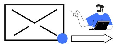 Hatları kesişen dijital posta zarfı, dizüstü bilgisayarı olan biri, yönü gösteren büyük bir ok. İletişim, e-posta, talimatlar, dijital rehberlik, uzaktan çalışma, iş akışı için ideal
