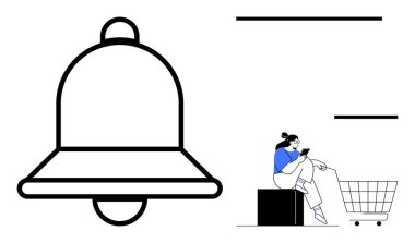 Tablet kullanan, alışveriş arabasının yanında oturan, uyarıları ve online alışverişi sembolize eden kişinin yanında çan simgesi. Uyarılar, hatırlatıcılar, dijital, tüketici davranışı, e-ticaret, teknoloji kullanımı için ideal