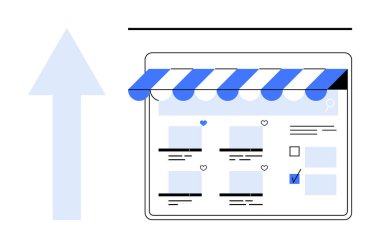 Ürün listeleri ve kalp simgelerinin yer aldığı web sayfası üzerinde çizgili güneşlikli dijital mağaza önü. Yukarıdaki ok büyümeyi gösteriyor. E-ticaret için ideal, dijital pazarlama, çevrimiçi alışveriş, iş