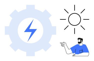 Yıldırımlı vites, ışınlı güneş ve mavi gömlekli adam. Yenilenebilir enerji, güneş enerjisi, teknoloji ilerlemesi, yenilik, sürdürülebilir kalkınma, enerji korunumu için ideal