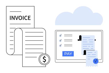 Dolar işareti simgesi olan fatura belgesi, ödeme seçeneklerini gösteren dijital ekran görüntüleme, bulut depolama. E-ticaret, finans, çevrimiçi işlemler, fatura, dijital faturalar, bulut hizmetleri için ideal