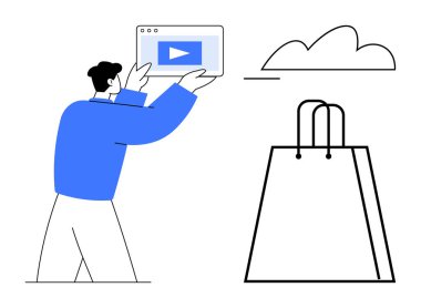 Adamın elinde sembolik alışveriş torbası ve bulut simgesi olan video ekranı var. E-ticaret, çevrimiçi alışveriş, bulut depolama, pazarlama, dijital medya, içerik oluşturma ve video akışı için ideal
