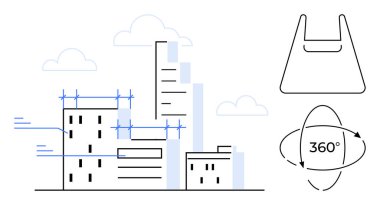 İnşaat halindeki binalar yapı iskelesi ve hava akışıyla dolu. 360 derecelik bir döndürme ikonu ve torba ikonu içeriyor. Mimarlık, kentsel planlama, AR navigasyon ve inşaat için ideal