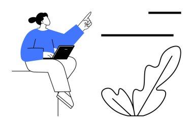 Dizüstü bilgisayarı yukarıya bakan, soyut çizgiler ve yaprak. Üretkenlik, uzaktan çalışma, iletişim, modern tasarım, yaratıcılık ve eğitim için ideal. Soyut çizgi düz metafor