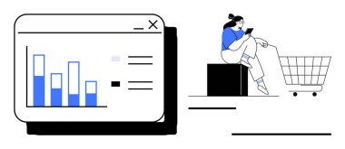Analitik gösterge paneli, alışveriş arabasının yanında mobil cihaz kullanan birinin yanında. E-ticaret, veri analizi, tüketici davranışı, çevrimiçi alışveriş, iş anlayışı için ideal