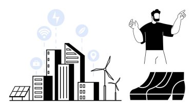 Güneş panelleri, rüzgar türbinleri ve çeşitli teknolojik simgelerle modern kentsel ufuk çizgisi. Adam akıllı şehir özelliklerini ve yürüyen merdivenleri işaret ediyor. Sürdürülebilirlik, teknoloji, yenilik ve şehir için ideal