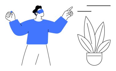 VR kulaklıklı bir adam bir eliyle işaret ediyor, diğer eliyle de saksı bitkisinin yanında kontrol cihazı tutuyor. Teknoloji için ideal, sanal gerçeklik, etkileşim, yenilik, gelecek, dijital deneyim, oyun