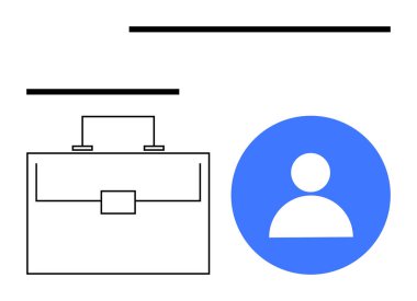 Mavi dairesel profil ikonunun yanında siyah çizgi evrak çantası, çalışmanın, kariyerin ve dijital kimliğin vurgulanması. İş, ağ oluşturma, insan kaynakları, kariyer büyümesi, kişisel markalaşma için ideal