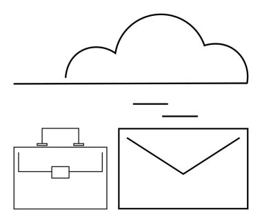 Çantanın ve zarfın üstündeki bulut ana hatları dijital depolamayı, iletişimi, organizasyonu ve hareket kabiliyetini temsil ediyor. Teknoloji, iş dünyası, e-postalar, iş akışı ağ hizmetleri için ideal