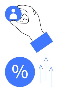 Bir kullanıcı simgesi, bir yüzde sembolü ve üç yukarı doğru ok, büyüme eğilimlerini temsil ediyor. İş analizi, istatistik, kullanıcı benimsenmesi, ilerleme takibi, pazarlama büyümesi, mali