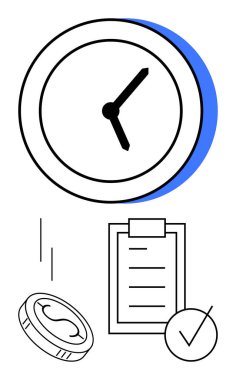 Saat, zaman yönetimini simgeler, madeni para, kontrol listesi ve kene de tamamlamayı simgeler. Üretim, bütçe, verimlilik, organizasyon, öncelikler, soyut iş akışı için ideal