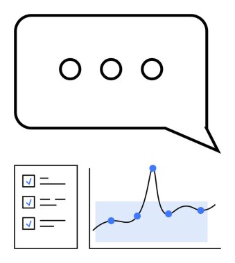 Elipsli konuşma balonu, mavi işaretli kontrol listesi ve veri noktalı çizgi grafiği. İletişim, analiz, proje yönetimi, ilerleme izleme, iş stratejisi, bilgi için ideal