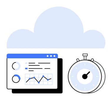 Bulut elemanı, grafikli analitik gösterge paneli ve kronometre hız, verimlilik ve gerçek zamanlı verileri vurguluyor. Teknoloji, veri analizi, verimlilik, bulut hizmetleri iş stratejisi zamanı için ideal
