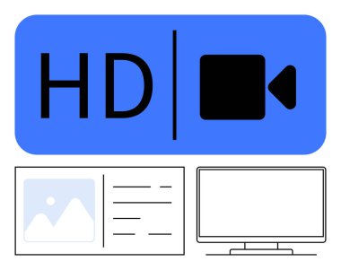 Video ikonlu mavi HD etiket, metin satırlı fotoğraf ve ana hatları görüntüle. Medya kalitesi, video içeriği, teknoloji sunumları, web tasarımı, eğitim materyalleri, pazarlama görselleri için ideal