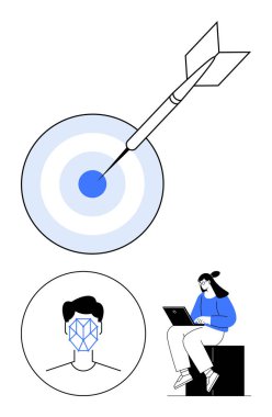 Dart vuruş merkezi, geometrik yapay zeka yüz tanıma, dizüstü bilgisayardaki kadın. Hedefler için ideal, yapay zeka, verimlilik, teknolojik yenilik, odaklanma, analitik fütüristik fikirler, düz çizgi metaforu