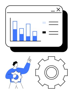 Dijital bar grafiği, dişli simgesi, ve yukarı bağlı analizleri, sistem optimizasyonunu ve iş akışını gösteren kişi. Analiz, takım çalışması, üretkenlik, süreç tasarım verimliliği için ideal