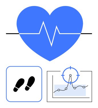 Kalp atışı çizgisi olan mavi kalp, siyah ayak izleri ikonu ve hedef sembollü bir ilerleme grafiği. Sağlık, zindelik, sağlık izleme, tıbbi araçlar, egzersiz, veri analizi için ideal