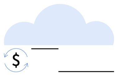 Oklarla çevrili dolar sembollü bulutlu bir şekil. Minimalist tasarım. Ödeme çözümleri, bulut depolama, finansal hizmetler, otomasyon, dijital büyüme, ölçeklenebilirlik, soyut çizgi düz