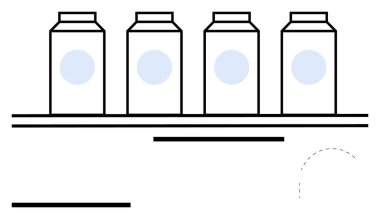 Yatay bir rafa dizilmiş dört süt kutusu, temiz çizgilerle vurgulanmış. Konseptler için ideal ürün gösterimi, perakende satış, ambalaj, minimalizm, market, gıda depolama, soyut düz çizgi