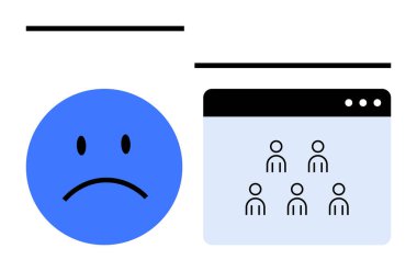 Mavi üzgün yüz altı kullanıcı simgesinin yer aldığı bir tarayıcı penceresiyle eşleştirildi. Yalnızlık, izolasyon, akıl sağlığı, çevrimiçi etkileşim, sosyal kopukluk, uzak çalışma, soyut çizgi konuları için idealdir.