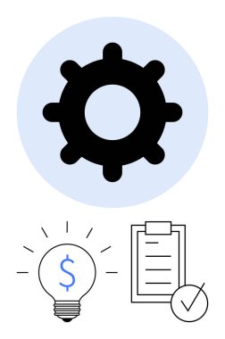 Mavi çemberdeki siyah dişli iş akışını simgeliyor. Finansal fikirler için dolar işareti olan ampul. Görev tamamlanmak için kontrol listesi. İş stratejisi ve proje yönetimi için ideal