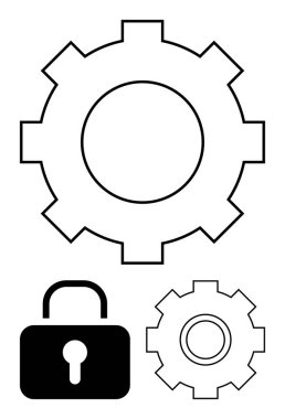 İki vites ve bir kilit ikonu takım çalışmasını, sistem güvenliğini, operasyonel verimliliği, problem çözmeyi, teknolojik bütünleşmeyi, siber güvenliği ve yeniliği sembolize eder. Soyut çizgi düz metafor