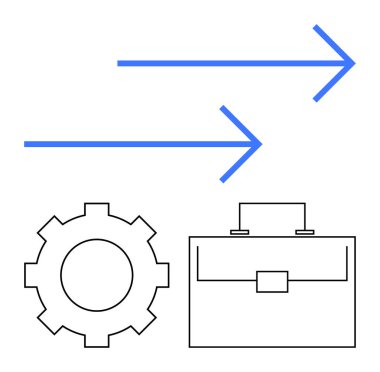 Teçhizat ve evrak çantasının üzerinde ilerleyişi, operasyonları ve iş akışını temsil eden iki mavi ok var. İş, verimlilik, kariyer büyümesi, planlama ve takım çalışması için ideal