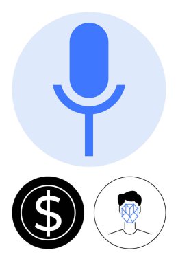 Mavi mikrofon ikonu, siyah daire şeklinde dolar işareti ve yüz tanıma sistemi. Yapay zeka, biyometrik, güvenlik, ödeme sistemleri, ses komutları, kimlik doğrulama soyut metaforu için ideal