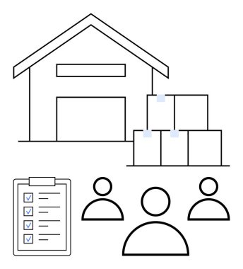 Depo binası, istiflenmiş kutular, kontrol listesi panosu ve takım simgeleri lojistik, takım çalışması, envanter yönetimi, tedarik zinciri planlaması, depolama, işletim süreçleri soyut düz çizgiyi sembolize ediyor.