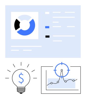 Veri içgörülerini vurgulayan turta tablosu, büyüme eğrisi olan grafiği hedef alma ve yeniliği sembolize eden bir ampul. İş stratejisi, finans, araştırma, analitik, başlangıç fikirleri ve planlama için ideal