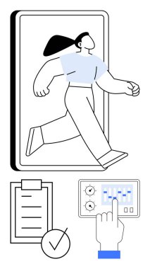 Kadın, teknolojiden özgürlüğünü simgeleyen bir akıllı telefon ekranından çıkıyor. İşaretli ve ayarlanabilir kontrol paneli olan kontrol listesini içerir. Üretkenlik, teknoloji, denge, kendini kontrol, görev için ideal