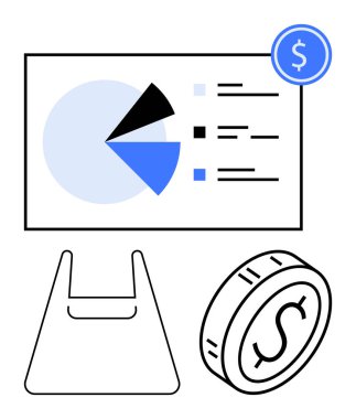 Satış analizi, bütçe, gelir, tüketici harcamaları, perakende trendleri, e-ticaret ve finansal planlama içeren turta grafiği, dolar sikkesi ve alışveriş çantası. Soyut satır düzlüğü