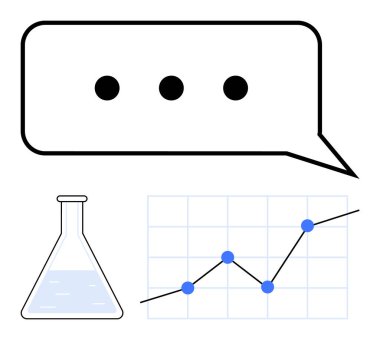 Konuşma balonu, sıvılı laboratuvar şişesi ve ızgarada yukarı doğru trend grafiği. İletişim, araştırma, veri analizi, takım çalışması, bilim, büyüme stratejisi için ideal düz çizgi metaforu