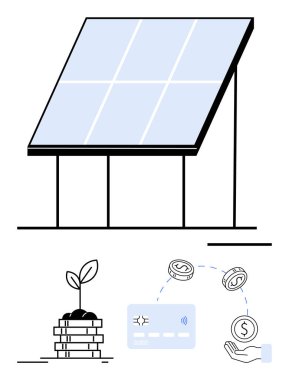 Güneş paneli enerji üretiyor, bozuk para yığınlarında büyüyen küçük bir fabrika, maddi işlemleri vurgulayan dolar paralı kredi kartı. Yeşil enerji, yatırım, sürdürülebilirlik ve eko-finans için ideal