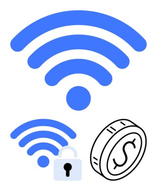 Merkezi kablosuz ikon, daha küçük kilitli kablosuz tabela ve dolar sembollü bozuk para. Finans, bağlantı, güvenlik, iletişim, teknoloji e-ticaret ve yenilik için idealdir. Soyut