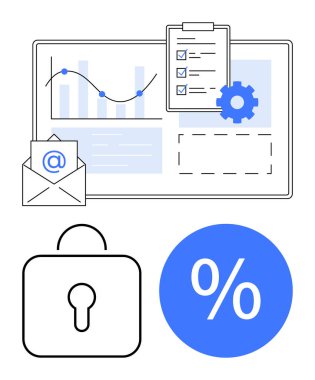 E- posta simgesi, pano, dişli, veri grafiği, güvenlik kilidi ve yüzde işareti. Veri analizi, güvenlik, e-posta iletişim organizasyonel süreçler verimlilik iş akışı yönetimi için ideal