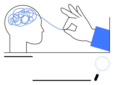 Kafa karışık beyin ve el çözme ipliği zihinsel berraklığı, problem çözmeyi ve sezgiyi sembolize ediyor. Psikoloji, terapi, beyin fırtınası, kişisel gelişim, stres yönetimi bilimi için ideal