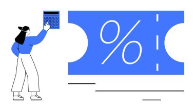 Büyük bir yüzde sembolü olan mavi bir biletin yanında duran bir kadın hesap makinesi kullanıyor. Finans, bütçe, indirim, satış, pazarlama, promosyon, tasarruf eğitimi için ideal. Basit.