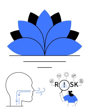 Katmanlı yaprakları olan mavi nilüfer çiçeği, insan kafasına giren solunum akışı, ve bağlantılı ikonlarla risk kavramını analiz eden kadın. Sağlık, sağlık, güvenlik, farkındalık için ideal