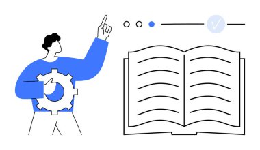 Elinde vites tutan bir adam, açık bir kitabın yanındaki ilerleme göstergelerine bakıyor. Eğitim, verimlilik, dersler, iş akışı, kalkınma, hedef belirleyici e-öğrenme için idealdir. Satır metaforu