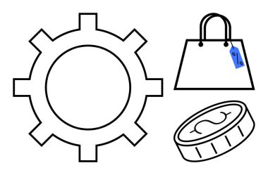 Gear endüstriyi sembolize ediyor, perakende satış etiketli alışveriş torbası ve finans veya bütçe belirten madeni para. İş, ticaret, endüstri, ekonomi ve finans ticareti için ideal. Soyut