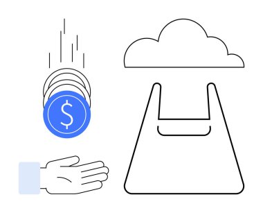 Bulutların altında alışveriş çantasına düşen bozuk paralar. Dijital ödemeler, bulut hesaplama, finans yönetimi, e-ticaret, yatırım, para transferi, satın alma ve satış için ideal. Soyut