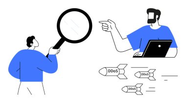 Büyüteci olan adam, füze olarak tasvir edilen DDoS saldırılarını dizüstü bilgisayarla inceliyor. Siber güvenlik, tehdit analizi, veri denetimi, bilişim savunması, ağ güvenliği için ideal