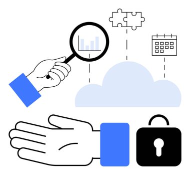 Büyüteç, takvim, bulut, bulmaca parçaları, açık el ve resim veri analizi, bulut depolama, güvenlik ve planlama. Teknoloji sektörü güvenlik veri organizasyonu için ideal