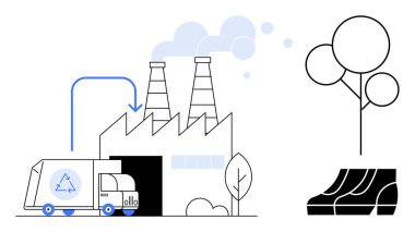 Çöp toplama kamyonu, duman yayan bacalarla dolu bir atık yönetim tesisine boşaltılıyor. Ağaçlar ve bir park bankı da dahil. Sürdürülebilirlik, geri dönüşüm, kirlilik ve atık yönetimi için ideal