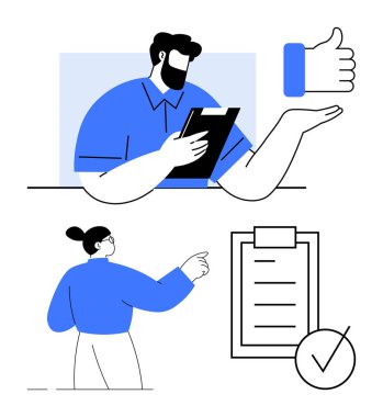 Elinde not panosu olan bir adam, işaretli listeyi işaret eden bir kadın. Takım çalışması, üretkenlik, proje yönetimi, görev onayı, işbirliği, geri bildirim, soyut çizgi için ideal