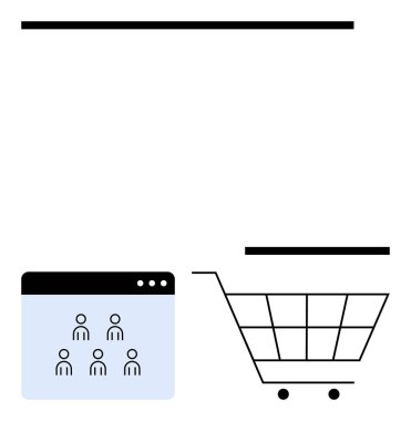 Alışveriş arabasının yanında online kullanıcıları sembolize eden kullanıcı simgelerine sahip tarayıcı penceresi. E-ticaret, alışveriş, çevrimiçi iş, dijital bağlantı, pazarlama, satış, müşteri deneyimi, soyut