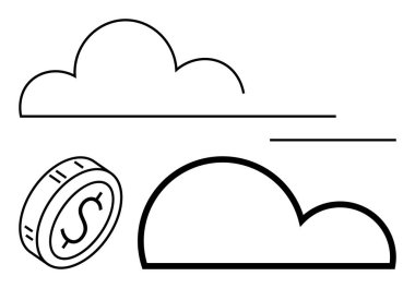 Özetlenen bulutlar ve para birimi parası bulut hesaplama, finans ve yenilik temalarını çağrıştırıyor. Fintech, bulut depolama, dijital para birimi, veri, ekonomi, teknoloji soyut çizgisi düz metafor için ideal